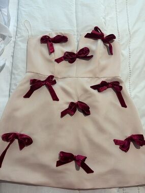 Nude Strapless Dress with Burgundy Velvet Bows